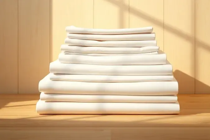 Lençóis dobrados de forma organizada em uma superfície de madeira minimalista ilustrando cuidados e preservação do tecido.