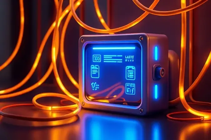 Ilustração 3D conceitual de componentes elétricos seguros e cabos brilhantes para equipamentos hospitalares.