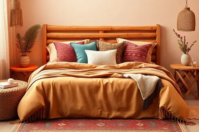 Decoração de cama de casal estilo boho chic com almofadas texturizadas e tons quentes.