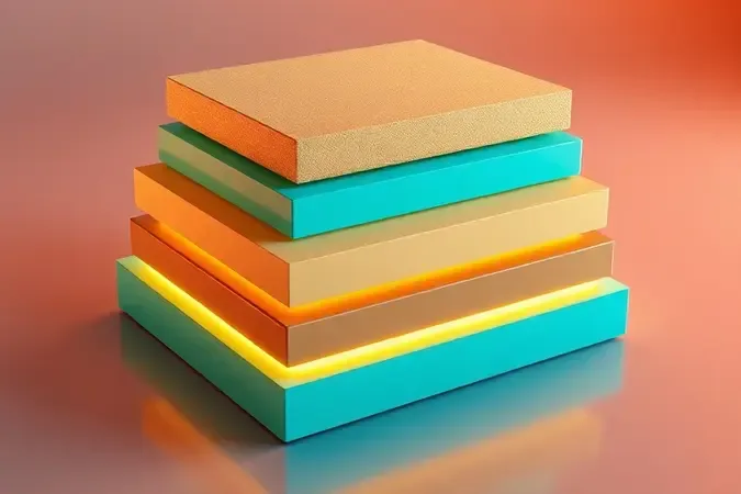 Representação conceitual 3D de camadas de espuma de alta densidade em cores vibrantes para conforto em sofás.