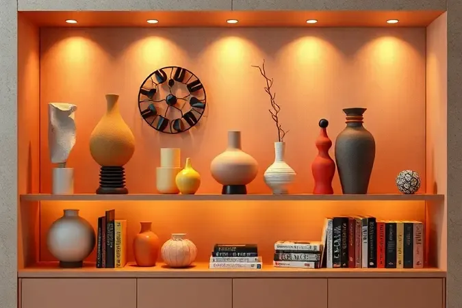 Prateleira decorativa com objetos abstratos e vasos coloridos em ambiente moderno e iluminado.