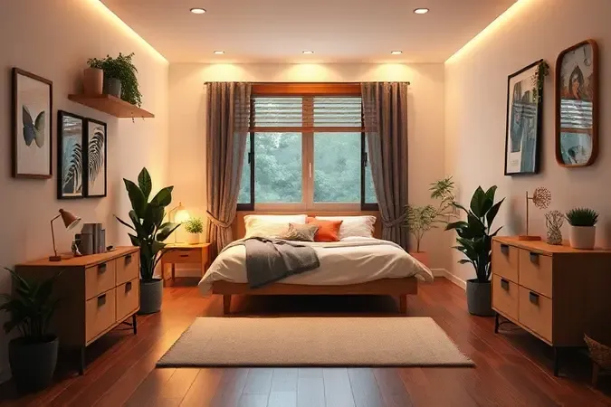 Sugestão de layout para quarto compacto com cama de viúva posicionada de forma inteligente.