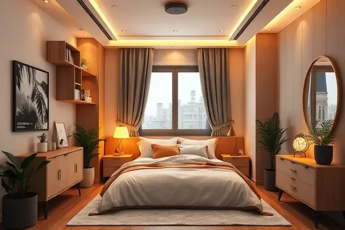 Quarto pequeno decorado com cama de viúva e elementos modernos para otimização de espaço.