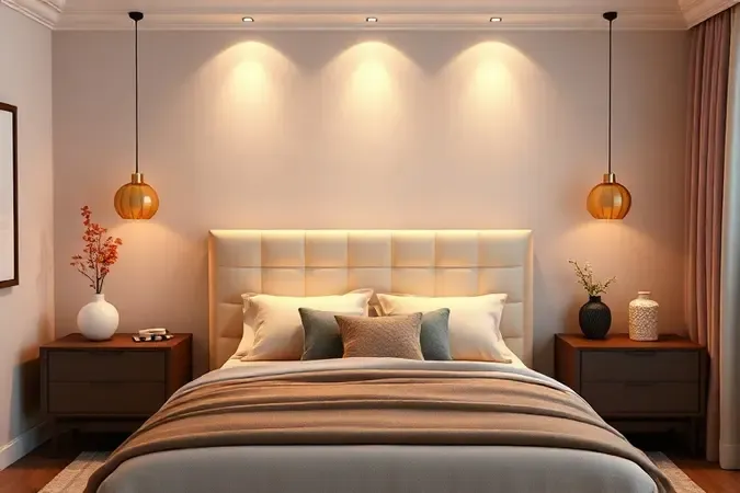 Decoração de quarto harmoniosa com cabeceira de cama moderna e iluminação aconchegante.