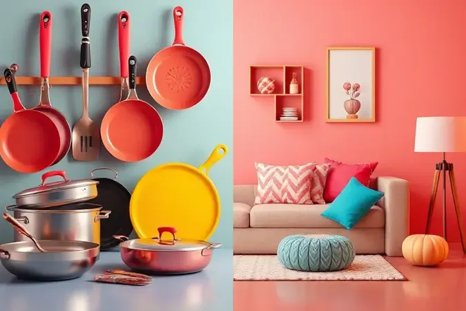 Ilustração conceitual 3D comparando panelas de cozinha e objetos de decoração para representar diferentes tipos de eventos.