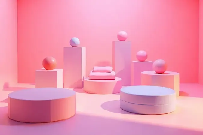 Representação 3D estilizada de diferentes bases de cama box em um ambiente minimalista e colorido.
