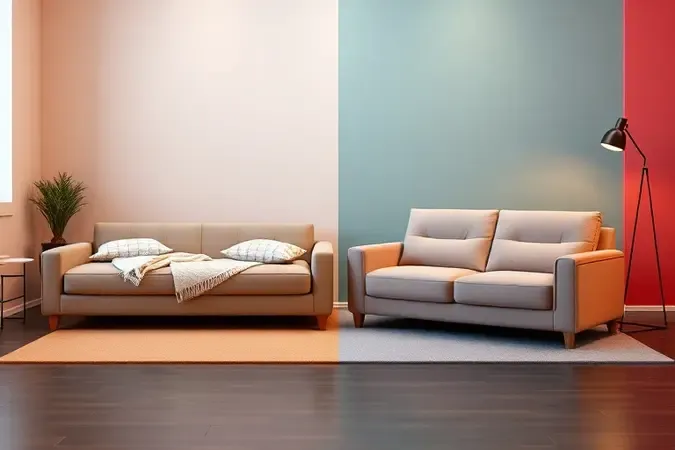 Comparação visual entre um sofá-cama compacto e um sofá retrátil moderno em um ambiente de design contemporâneo.