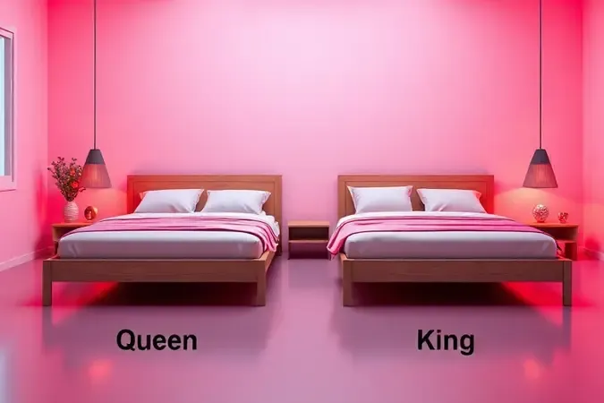 Comparação visual em 3D entre os tamanhos de cama box queen e cama king em um ambiente minimalista e moderno.