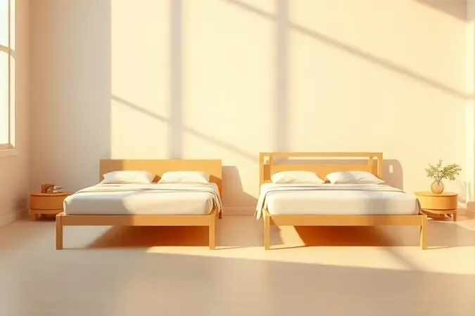Comparação conceitual entre tamanhos de camas queen e king em um ambiente minimalista iluminado.
