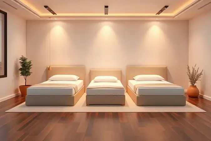 Comparação visual de diferentes tamanhos de colchões em um ambiente de design moderno.