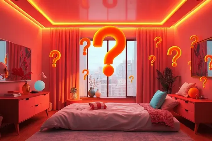 Ícones de dúvidas frequentes em um ambiente de quarto moderno em renderização 3D.