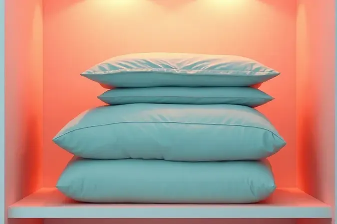 Capas de duvet dobradas ocupando pouco espaço em prateleira de roupeiro minimalista e organizado.