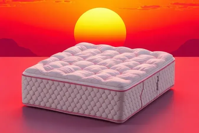 Cena conceitual em 3D de um colchão premium com representações abstratas de conforto e suporte.