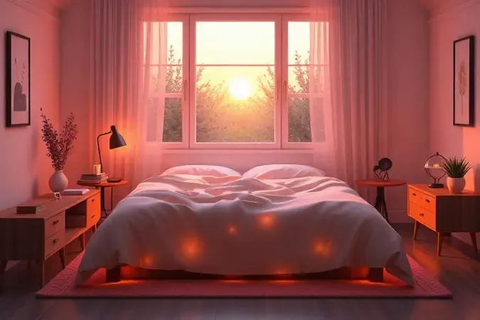 Ambiente de quarto minimalista em 3D com uma cama estilizada sob luz suave do amanhecer, transmitindo paz e conforto.