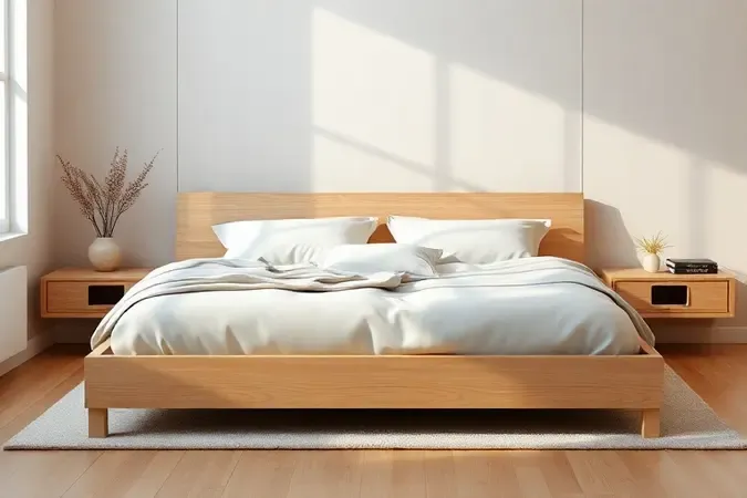 Cama de casal com decoração minimalista em tons de cinza e branco com madeira clara.