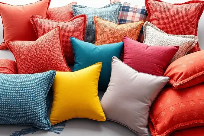 Composição estilizada de travesseiros decorativos e mantas com diferentes texturas em uma cama moderna.