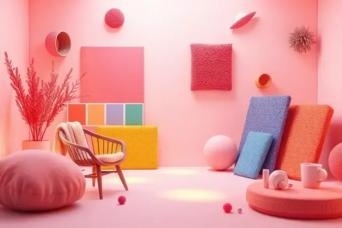 Composição conceitual em 3D representando diferentes elementos de design e paletas de cores para interiores.
