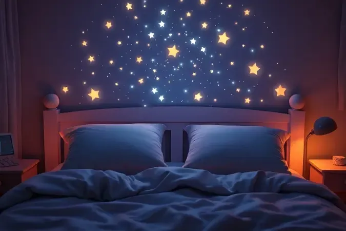 Cena 3D aconchegante de um quarto infantil à noite com projeção de estrelas e uma cama confortável e convidativa.