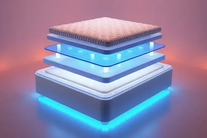 Representação visual em 3D das camadas internas de suporte e tecnologia de uma cama ortopédica moderna.