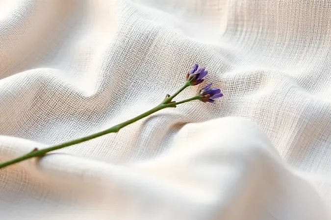 Detalhe de texturas de tecidos macios e elementos sensoriais para o conforto no quarto.