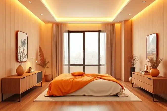 Design de interiores moderno integrando princípios de feng shui em um quarto elegante com iluminação suave.