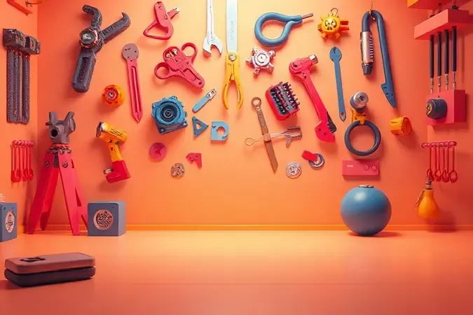 Ilustração 3D de ferramentas e peças metálicas organizadas para montagem de móveis de forma conceitual.