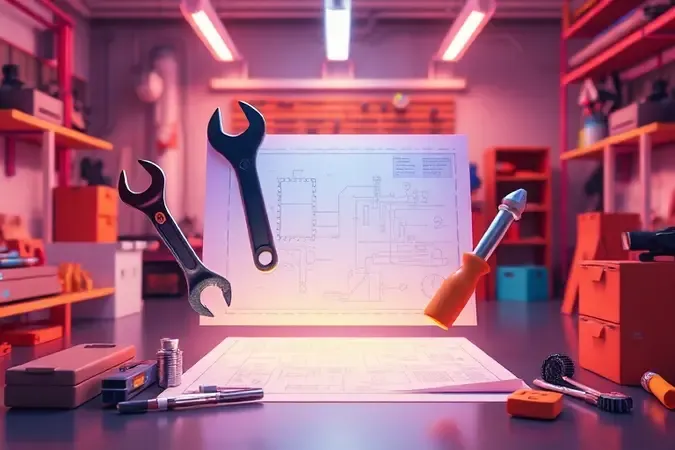 Ilustração 3D conceitual de ferramentas de montagem organizadas de forma moderna e colorida.