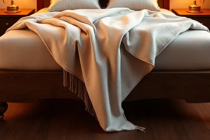 Dobra elegante de manta na peseira de uma cama queen em estilo luxuoso e clean.