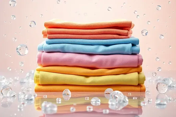 Pilha de lençóis coloridos e dobrados com elementos que remetem a limpeza e frescor de lavagem.