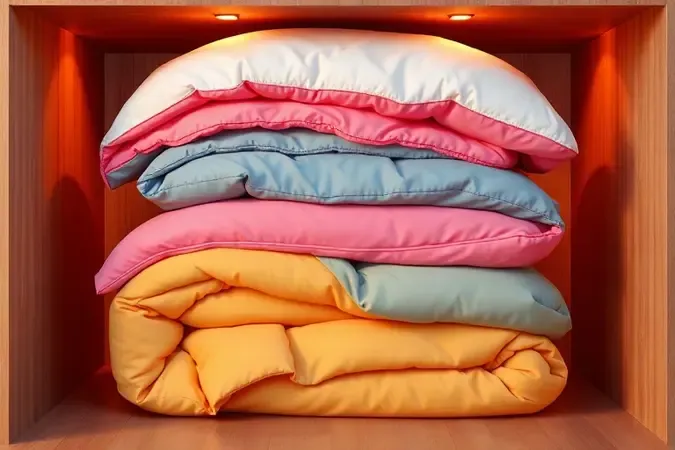 Edredons e cobertores volumosos organizados dentro de um compartimento interno de cama baú.