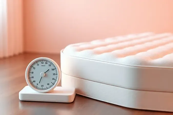 Ilustração 3D conceitual de equilíbrio e ergonomia para escolha de densidade de colchão baseada em biotipo e peso.