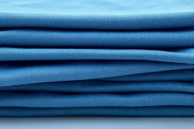 Camadas de tecidos dobrados perfeitamente em tons de azul e branco em close-up.
