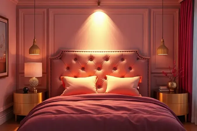 Canto de quarto elegante com foco em uma cabeceira estofada rodeada por paletas de cores harmônicas.