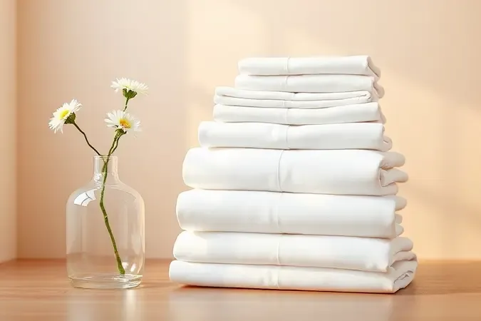 Pilha de lençóis brancos impecáveis e dobrados ao lado de flores, simbolizando frescor e cuidado.