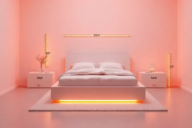 Representação conceitual 3D de medidas e dimensões de camas para comparação em um ambiente minimalista.