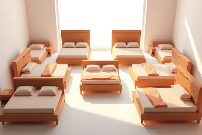 Representação 3D estilizada de diferentes proporções e tamanhos de cabeceiras de cama em um ambiente moderno.