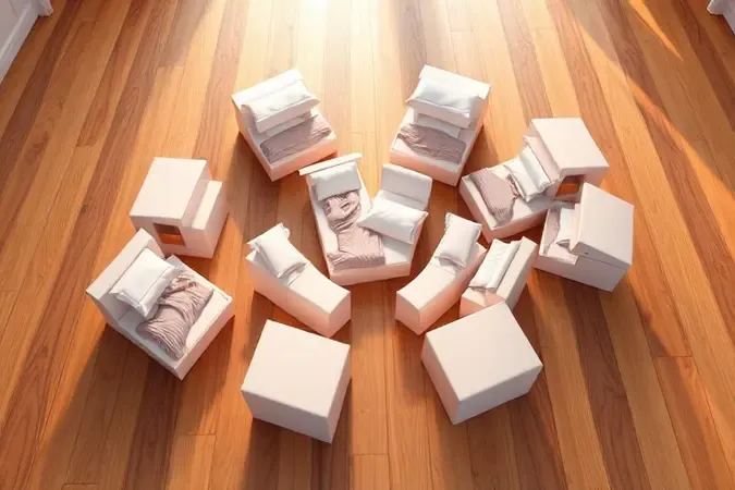 Representação gráfica 3D de diferentes volumes coloridos simbolizando os tamanhos padrão de camas box em um quarto.