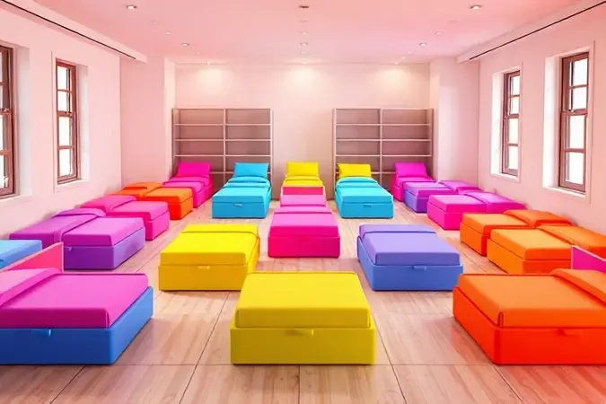 Representação gráfica colorida de diferentes dimensões e tamanhos de camas box em um ambiente espaçoso.