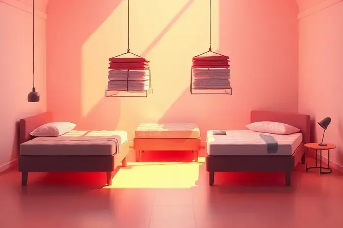 Ilustração 3D de diferentes tamanhos de camas flutuando em um ambiente minimalista e colorido com luz solar suave.