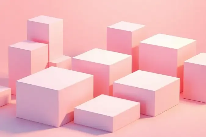 Blocos geométricos coloridos em 3D representando diferentes proporções e tamanhos de colchões e camas de forma conceitual.