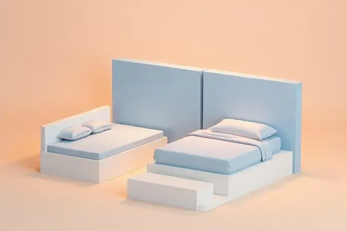 Representação minimalista de diferentes dimensões de colchões usando blocos geométricos em tons pastéis.