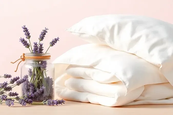 Lençóis brancos limpos e frescos com flores de lavanda em cena conceitual de limpeza.