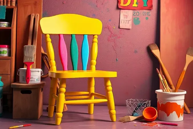 Cena 3D colorida mostrando um pincel e um móvel restaurado vibrante, incentivando a prática de reaproveitamento e DIY.