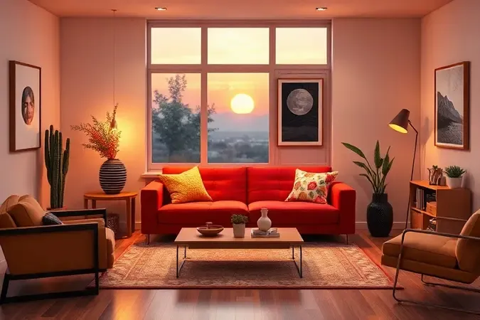 Ambiente moderno de sala de estar decorado com um futon versátil e almofadas coloridas em um estilo minimalista.