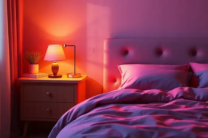 Detalhe de iluminação suave em mesa de cabeceira ao lado de cama aconchegante.