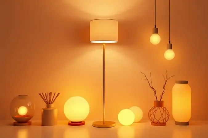 Fontes de luz estilizadas criando uma atmosfera acolhedora e moderna em render 3D.