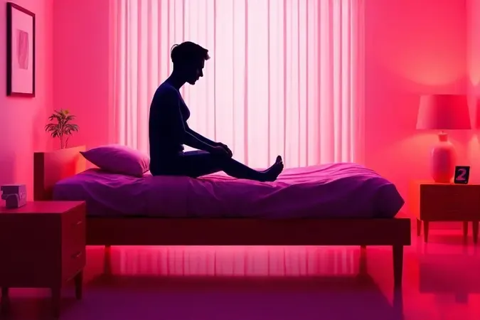 Renderização 3D de uma pessoa sentada na beira da cama com postura ergonômica correta e pés no chão.