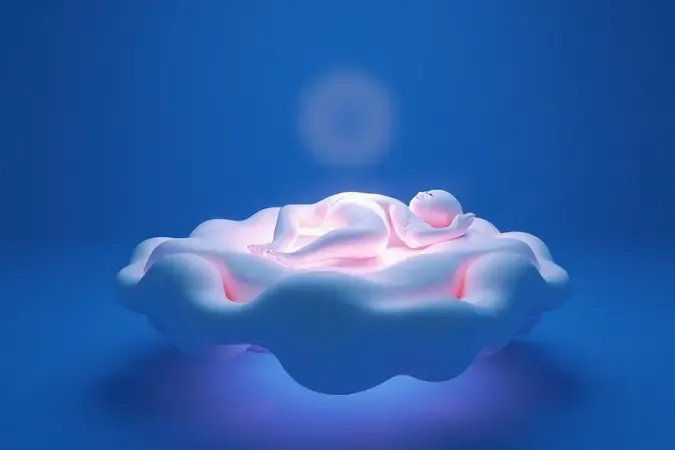 Representação conceitual 3D de sono profundo e relaxante sobre uma superfície macia e flutuante.