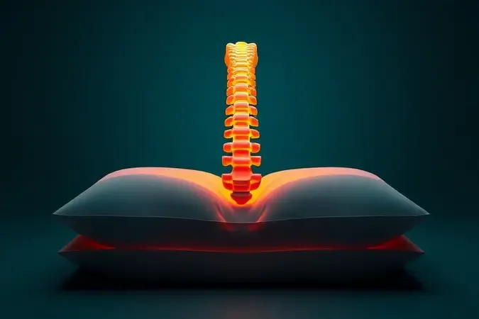 Visualização 3D conceitual da coluna vertebral perfeitamente alinhada sobre uma superfície de suporte confortável.