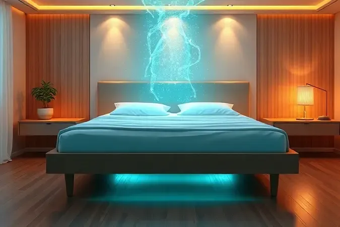 Visualização conceitual 3D de ventilação e frescor circulando através de uma base de cama.